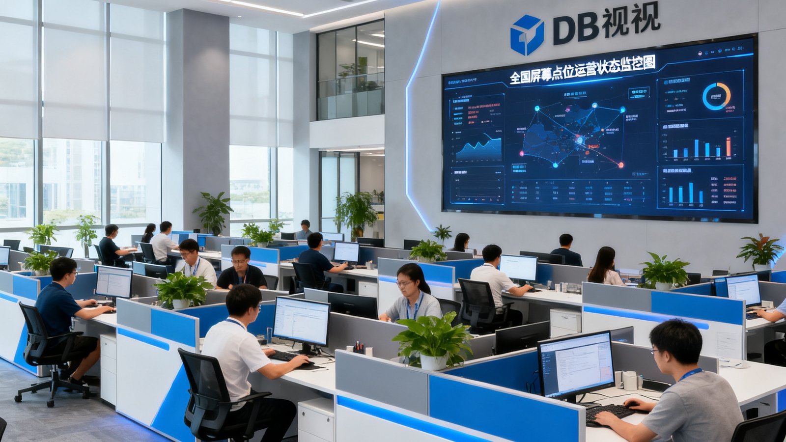 DB视讯深圳总部开放式办公区全景，约80名员工正在各自的工位上处理业务，墙面大屏实时显示全国屏幕点位运营状态监控图，办公环境现代而富有活力。