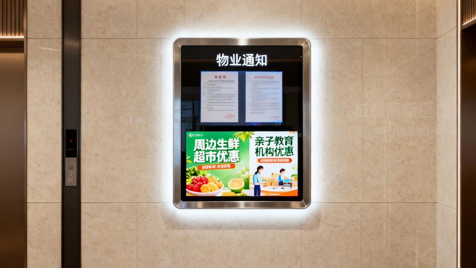 成都高新区某中高端住宅小区单元门厅内，社区公告屏上半部分显示物业通知，下半部分轮播周边生鲜超市和亲子教育机构的优惠广告。