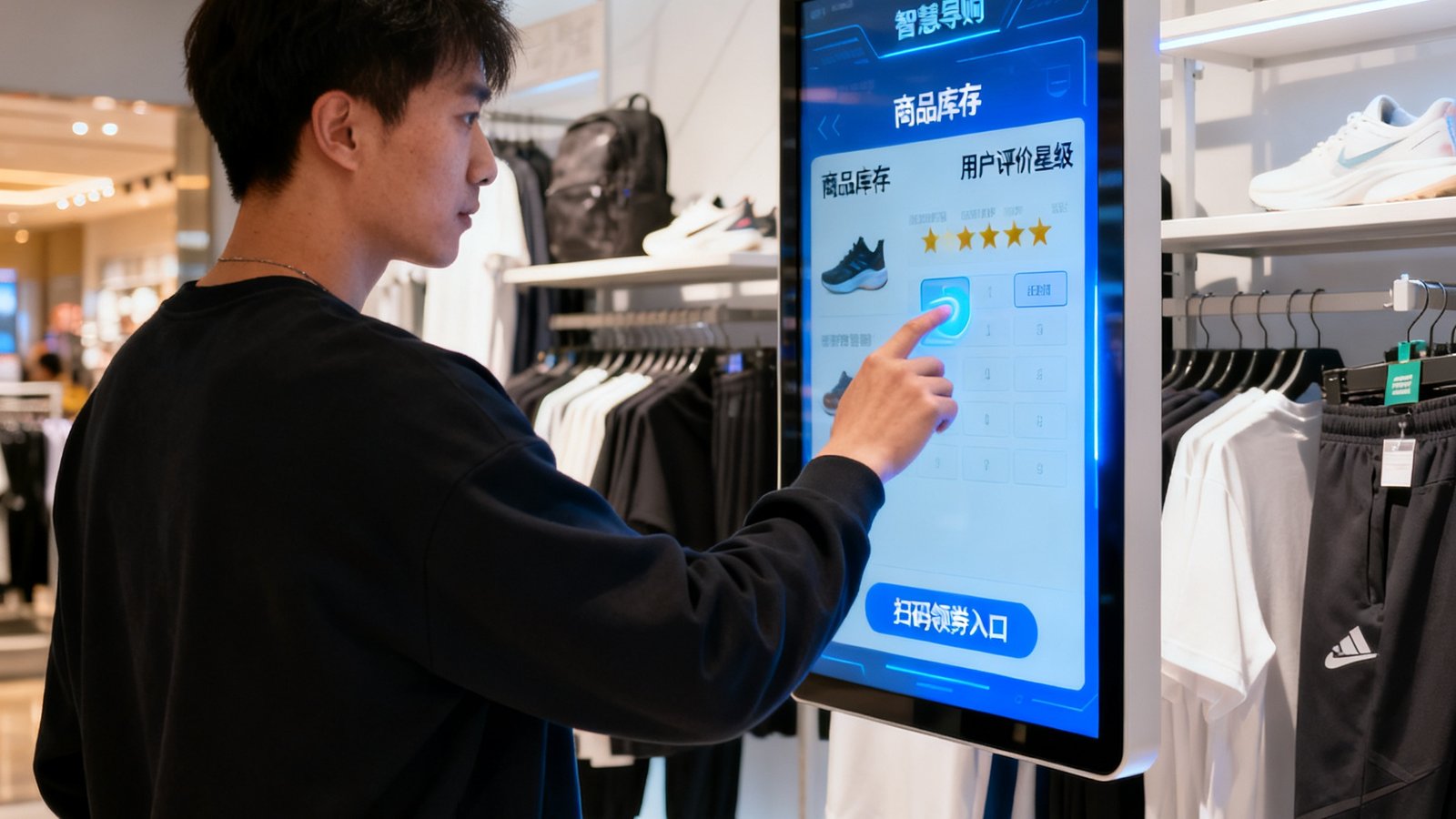 杭州银泰百货某运动品牌门店内，智慧导购屏悬挂在货架上方，实时显示商品库存、用户评价星级和扫码领券入口，顾客可直接触屏操作。