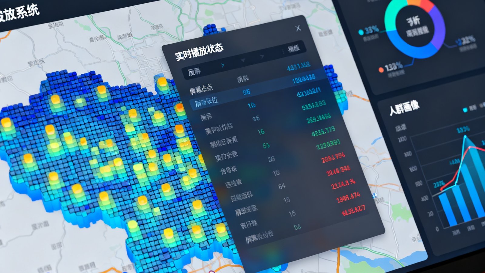 DBSmart投放系统后台界面截图，展示地图上密布的屏幕点位热力图、实时播放状态面板和人群画像分析图表，数据可视化清晰直观。