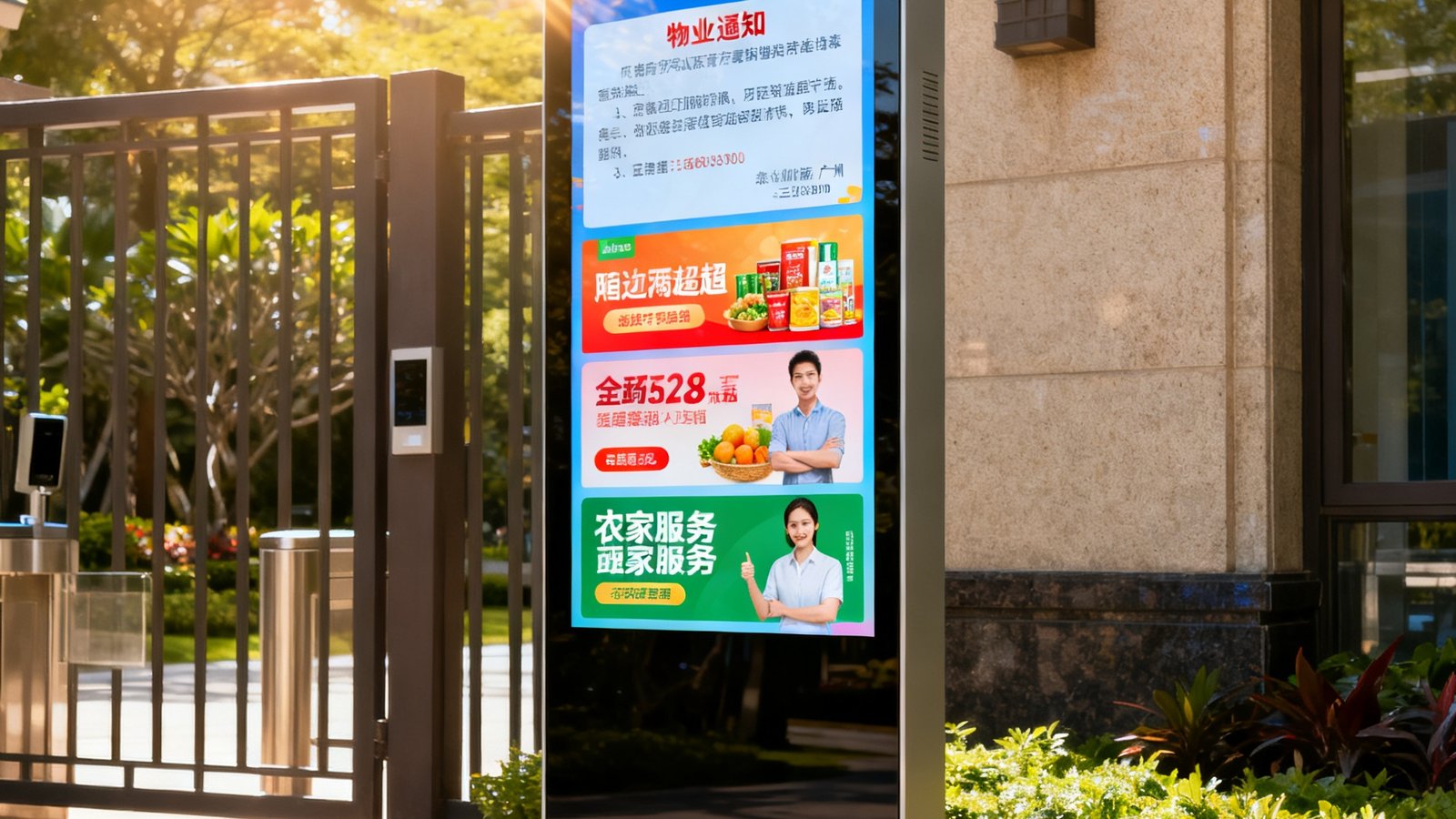 广州天河区某高端住宅小区主出入口旁，立式智能公告屏正在轮播物业通知、周边商超优惠信息及家政服务广告，屏幕采用防眩光面板，在正午强光下依然清晰可读。